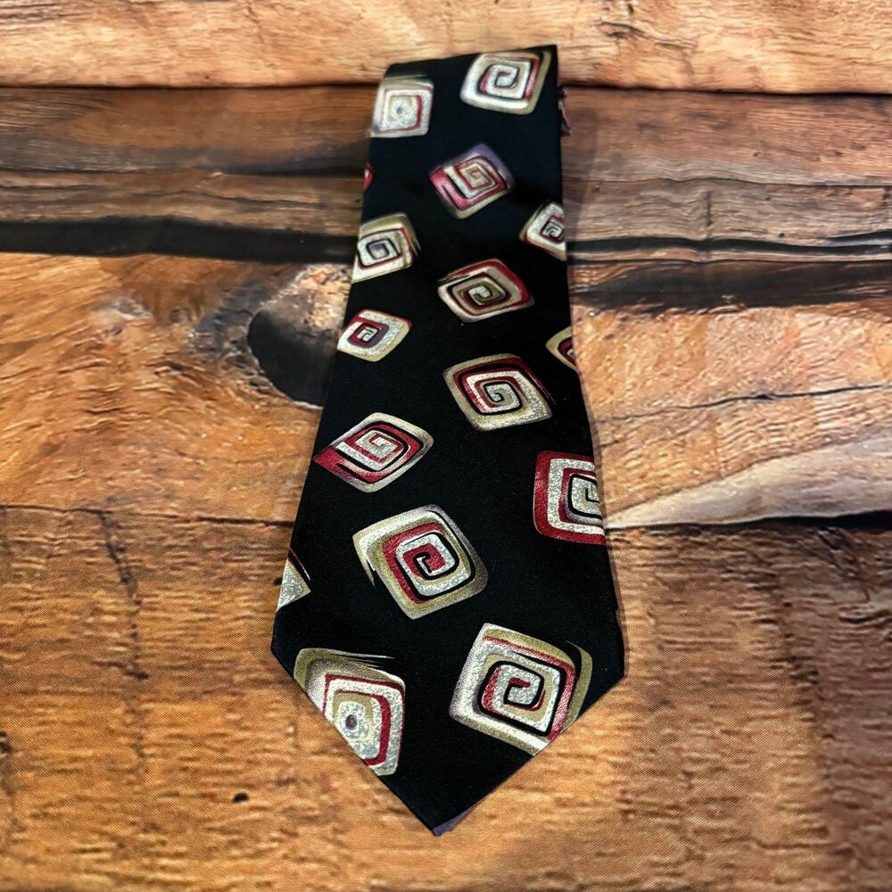 Stafford Executive Men's Black Multi-Color Geometric Swirl 100% Silk Tie